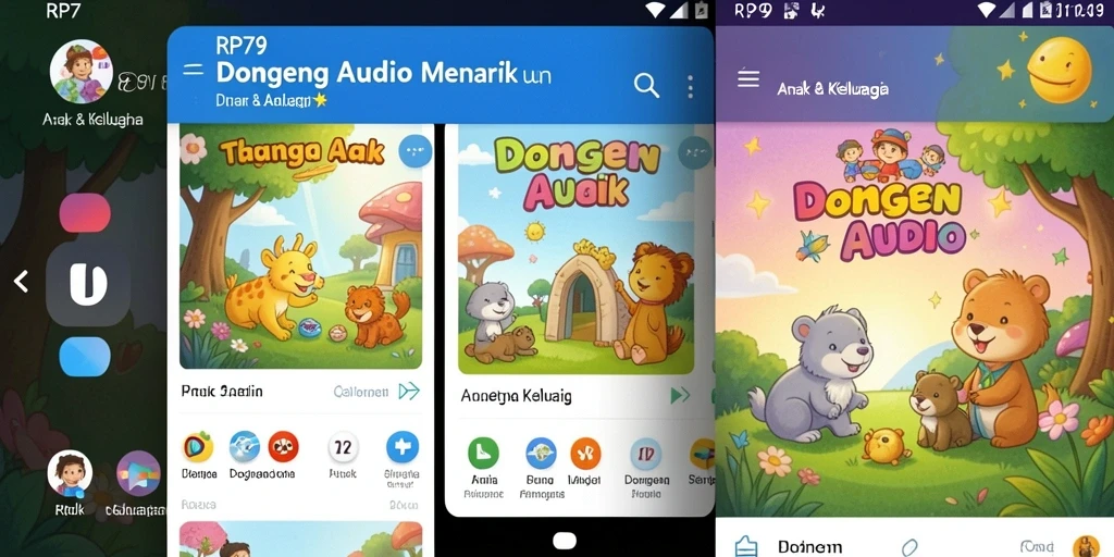 Antarmuka intuitif dan penuh warna dari aplikasi Dongeng Audio.